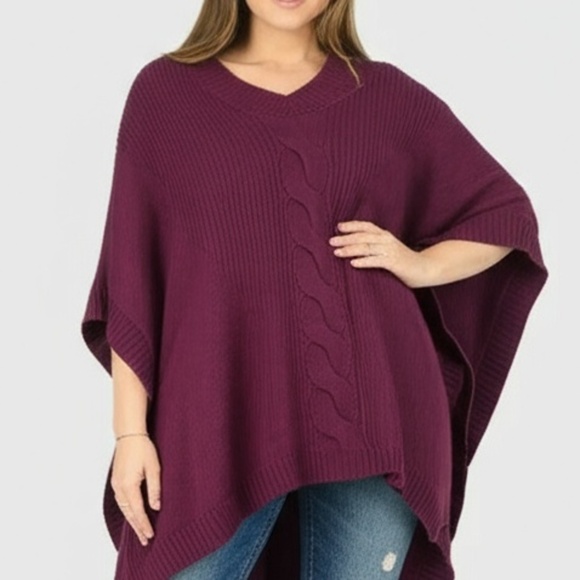 Nordstrom Wool Poncho Sweater One Size Burgundy Wine V-Neck Cable Knit Cashmere - Picture 1 of 11